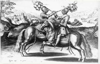 Tournament scene between Henri IV (1553-1610) and Antoine de Pluvinel (1555-1620) (engraving) (b/w photo) | Obraz na stenu