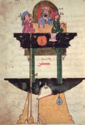 Water clock with automated figures, from 'Book of Knowledge of Ingenious Mechanical Devices' by Al-Djazari, 1206 (vellum) | Obraz na stenu