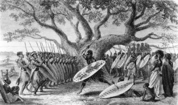 Dance of the Landeens, or Zulus, Arrived at the Shupanga to Lift the Annual Tribute of the Portuguese, engraved by Josiah Wood Whymper (1813-1903) (engraving) (b&w photo) | Obraz na stenu