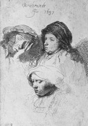 Three female heads with one sleeping, 1637 (etching) (b/w photo) | Obraz na stenu