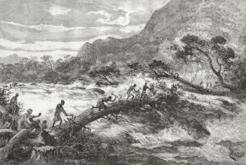 An improvised bridge in Central Africa, from 'Africa Pintoresca', published 1888 (engraving) | Obraz na stenu