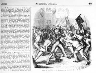 Fight between the Republicans and the members of Parliament at Frankfurt-am-Main on 30th March 1848, illustration from 'Illustrierte Zeitung' (engraving) (b/w photo) | Obraz na stenu