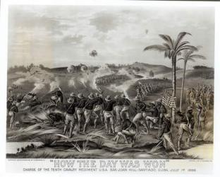 'How the Day was Won', Charge of the Tenth Cavalry Regiment at San Juan Hill, Santiago, Cuba, July 1st 1898, pub. 1899 (litho) (b&w photo) | Obraz na stenu