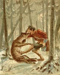 Baron Munchausen's encounter with a wolf, from 'The Adventures of Baron Munchausen' by Rudolf Erich Raspe (1736-94) published c.1886 (colour litho) | Obraz na stenu