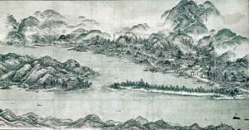 Landscape of mountains and a river in cursive style (ink on silk backed paper) | Obraz na stenu