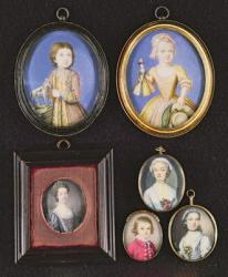 Portrait Miniatures. L to R and T to B: Richard Whitmore by Bernard Lens (1682-1740); Katherine Whitmore by Bernard Lens (1682-1740); Queen Charlotte by Samuel Finney (1718-98); Unknown Boy by Thomas Redmond (1745-85); Peg Wolfington by A.B. Lens (1713-79 | Obraz na stenu