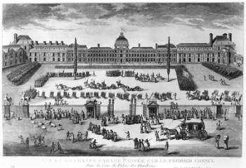 Napoleon Bonaparte (1769-1821) First Consul, Reviewing his Troops in the courtyard of the Tuileries Palace, engraved by Pierre Adrien Le Beau (b.1748) (engraving) (b/w photo) | Obraz na stenu