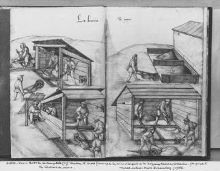 Silver mine of La Croix-aux-Mines, Lorraine, fol.17v and fol.18r, washing the ore, c.1530 (pen & ink & w/c on paper) (b/w photo) | Obraz na stenu