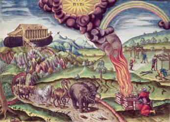 Noah's Ark, illustration from 'Brevis Narratio...', published by Theodore de Bry, 1591 (coloured engraving) | Obraz na stenu
