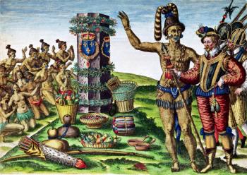 Rene Goulaine de Laudonniere (c.1529-82) and Chief Athore in front of Ribault's Column, from 'Brevis Narratio...', engraved by Theodore de Bry (1528-98) 1563 (coloured engraving) | Obraz na stenu
