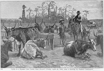 Cattle in a Kansas Corn Corral, illustration from 'Harper's Weekly', 1888, from 'The Pageant of America, Vol.3', by Ralph Henry Gabriel, 1926 (engraving) | Obraz na stenu