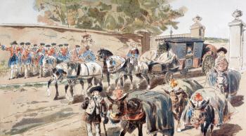 A Post-Chaise entering a Walled Compound and passing between a Band and a Donkey Train, 1886 (colour litho) | Obraz na stenu