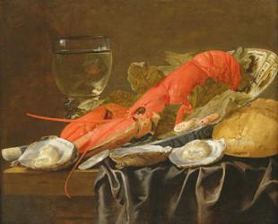 Still life with lobster, shrimp, roemer, oysters and bread (oil on copper) | Obraz na stenu