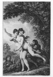 'The cries proceeded from two young women who were tripping disrobed among the mead, while two monkeys followed close at their heels biting at their limbs', illustration from chapter 16 of 'Candide' by Francois Voltaire (1694-1778) engraved by J. Denis (f | Obraz na stenu