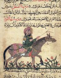 Horse and rider, illustration from the 'Book of Farriery' by Ahmed ibn al-Husayn ibn al-Ahnaf, 1210 (vellum) | Obraz na stenu