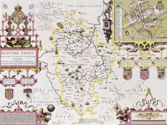 Bedfordshire and the situation of Bedford, engraved by Jodocus Hondius (1563-1612) from John Speed's 'Theatre of the Empire of Great Britain', pub. by John Sudbury and George Humble, 1611-12 (hand coloured copper engraving) | Obraz na stenu