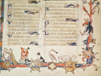 Illustration from a psalter, depicting various figures, a spoonbill, sheep, centaurs and Reynard the Fox (vellum) | Obraz na stenu