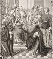 Queen Fredegond gives orders to two men of Terouanne to assassinate Sigbert, King of Austrasia, from 'Le Moyen Age et La Renaissance' by Paul Lacroix (1806-84) published 1847 (litho) | Obraz na stenu