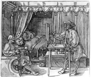 A draughtsman taking details for a portrait, using a perspective apparatus for drawing onto glass, from 'Course in the Art of Drawing' by Albrecht Durer, published Nuremberg 1525 (woodcut) | Obraz na stenu