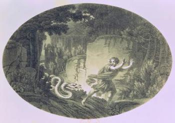 Tamino pursued by a giant serpent, Act I scene I from 'The Magic Flute' by Wolfgang Amadeus Mozart (1756-91) (engraving) | Obraz na stenu