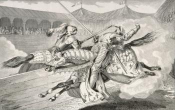 Henri II (1519-59) is fatally wounded at a joust during his daughter's wedding celebrations, from 'Histoire de France' by Colart, published c.1840 (engraving) H | Obraz na stenu
