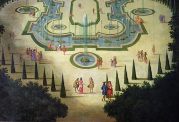 La Salle des Festins ou Salle du Conseil (detail of the ponds and figures in the foreground), c.1688 (oil on canvas) | Obraz na stenu