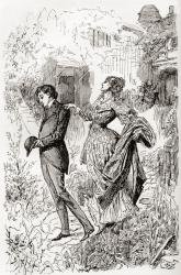Estella and Pip in Miss Havisham's garden. "Let us make one more round of the garden," said Estella. "You shall be my page and give me your shoulder." Her handsome dress had trailed upon the ground. She held it in one hand, and with the other lightly touc | Obraz na stenu