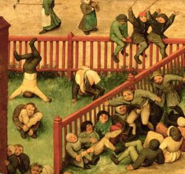 Children's Games (Kinderspiele): detail of left-hand section showing children running the gauntlet, doing gymnastics and balancing on a fence, 1560 (oil on panel) (detail of 68945) | Obraz na stenu