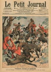 Tragic boar hunt, the horse of Carlos I, King of Portugal, is killed under him, front cover illustration from 'Le Petit Journal', supplement illustre, 23rd December 1906 (colour litho) | Obraz na stenu