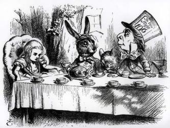 The Mad Hatter's Tea Party, illustration from 'Alice's Adventures in Wonderland', by Lewis Carroll, 1865 (engraving) (b&w photo) | Obraz na stenu