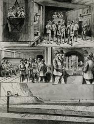 The Channel Tunnel Works at Dover: Going Down in the Cage; Arrival at the Bottom of the Shaft; Swindon Junction; Compressed Air-Boring Machine; Section of Tunnel, from 'The Illustrated London News', 4th March 1882 (engraving) | Obraz na stenu