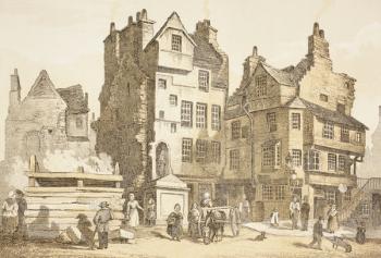 Netherbow House, Edinburgh as it was in 1843, from 'The Scots Worthies' by John Howie, second edition published in 1879 (colour litho) | Obraz na stenu