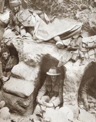 British Army Border Regiment soldiers occupying front line trenches in Thiepval Wood, The Somme, France during World War 1. From The Story of 25 Eventful Years in Pictures, published 1935 | Obraz na stenu