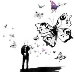 Man with butterflies, 2009, (black tush, watercolor on paper) | Obraz na stenu