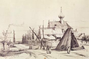 Village on route to Moscow, illustration from, 'Voyage pittoresque en Russie', 1839 (engraving) | Obraz na stenu