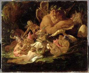 Puck and Fairies, from 'A Midsummer Night's Dream', c.1850 (oil on millboard) | Obraz na stenu