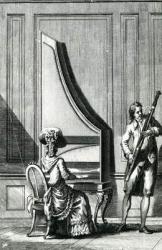 Musicians playing an upright clavicord and a bassoon (engraving) (b/w photo) | Obraz na stenu