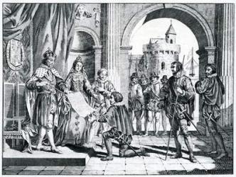 Christopher Columbus (1451-1506) presenting an account of his discovery of America to the King and Queen of Spain (engraving) | Obraz na stenu