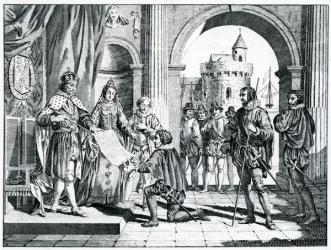 Christopher Columbus (1451-1506) presenting an account of his discovery of America to the King and Queen of Spain (engraving) | Obraz na stenu