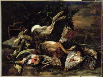 Still Life with a Hare, Song Birds and a Bird Net with a Spaniel Beyond | Obraz na stenu