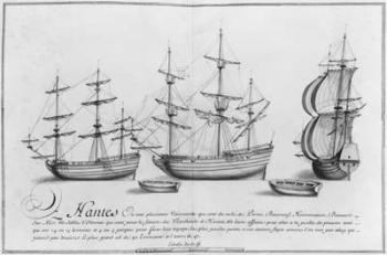 Vessels, Nantes, illustration from 'Desseins des differentes manieres de vaisseaux...depuis Nantes jusqu'a Bayonne...', 1679 (pencil & w/c on paper) (b/w paper) | Obraz na stenu