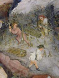 Lumberjacks at work. Felling trees in the forest (fresco) | Obraz na stenu