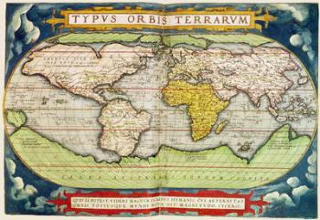 Map charting Sir Francis Drake's (c.1540-96) circumnavigation of the globe, engraved by Frans Hogenburg (1535-90) (coloured engraving) | Obraz na stenu