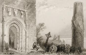 Doorway to a Temple, Clonmacnois, County Offaly, Ireland, from 'Scenery and Antiquities of Ireland' by George Virtue, 1860s (engraving) | Obraz na stenu