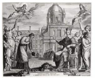 Robert de Sorbon (1201-94) and Cardinal Richelieu (1575-1642) in Front of the Sorbonne, engraved by Gregoire Huret (1606-70) 1639 (engraving) (b/w photo) | Obraz na stenu