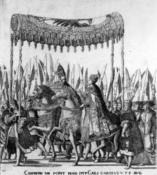 The Entry of Pope Clement VII and Emperor Charles V into Bologna on 24 February 1530, plate 27, c.1530 (engraving) (detail of 472273) | Obraz na stenu
