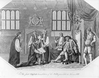 The first English translation of the Bible presented to Henry VIII, 1824 (engraving) (b/w photo) | Obraz na stenu
