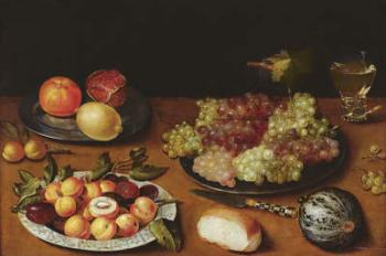 Still life with grapes, pomegranates and apricots (oil on wood) | Obraz na stenu