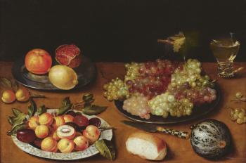 Still life with grapes, pomegranates and apricots (oil on wood) | Obraz na stenu