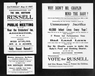 'Why didn't Mr. Chaplin mind the baby?', posters from Bertrand Russell's election campaign, 1907 (printed paper) | Obraz na stenu